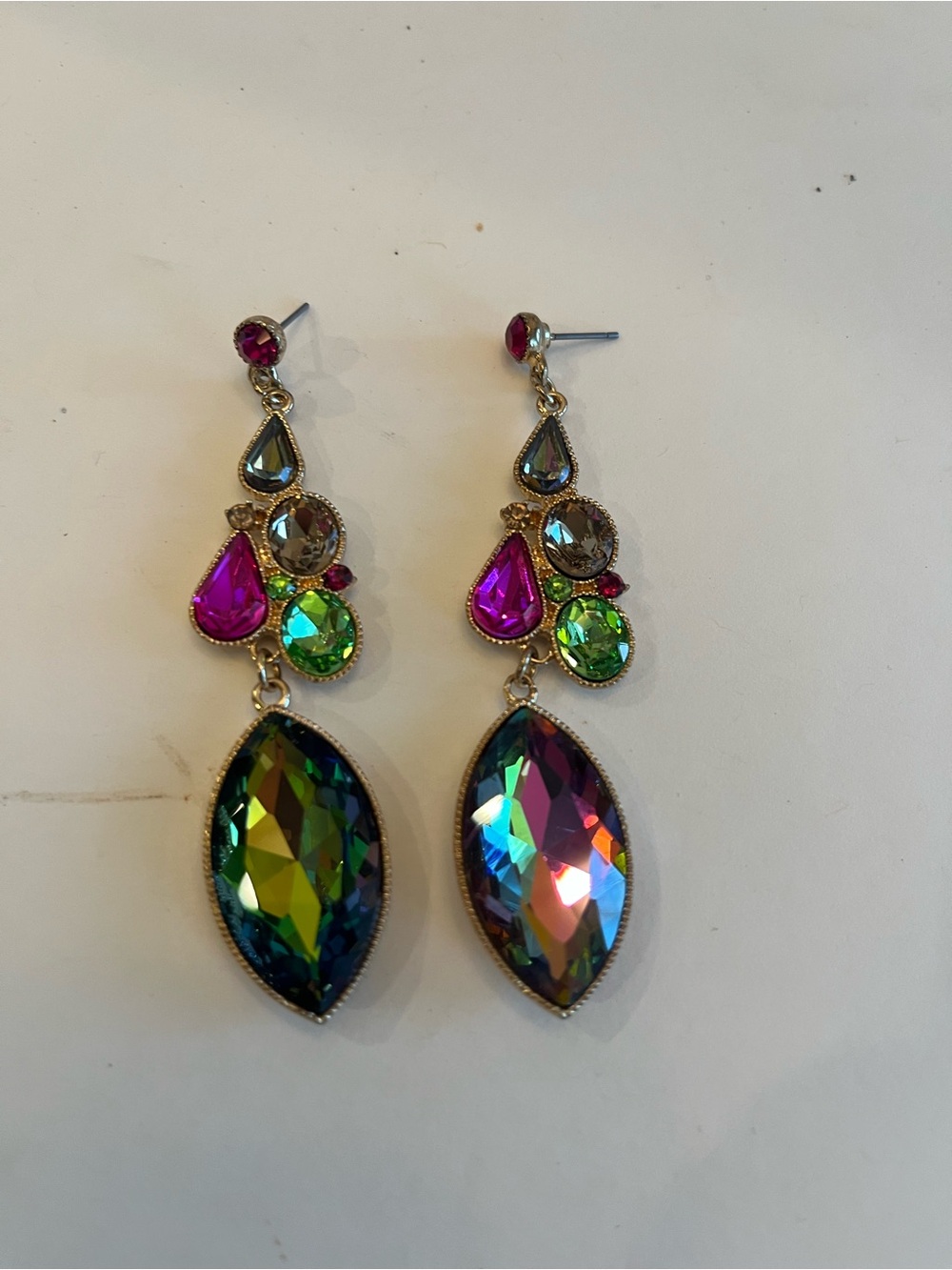 Colorful Multi-Gem Drop Earrings - Pink & Green